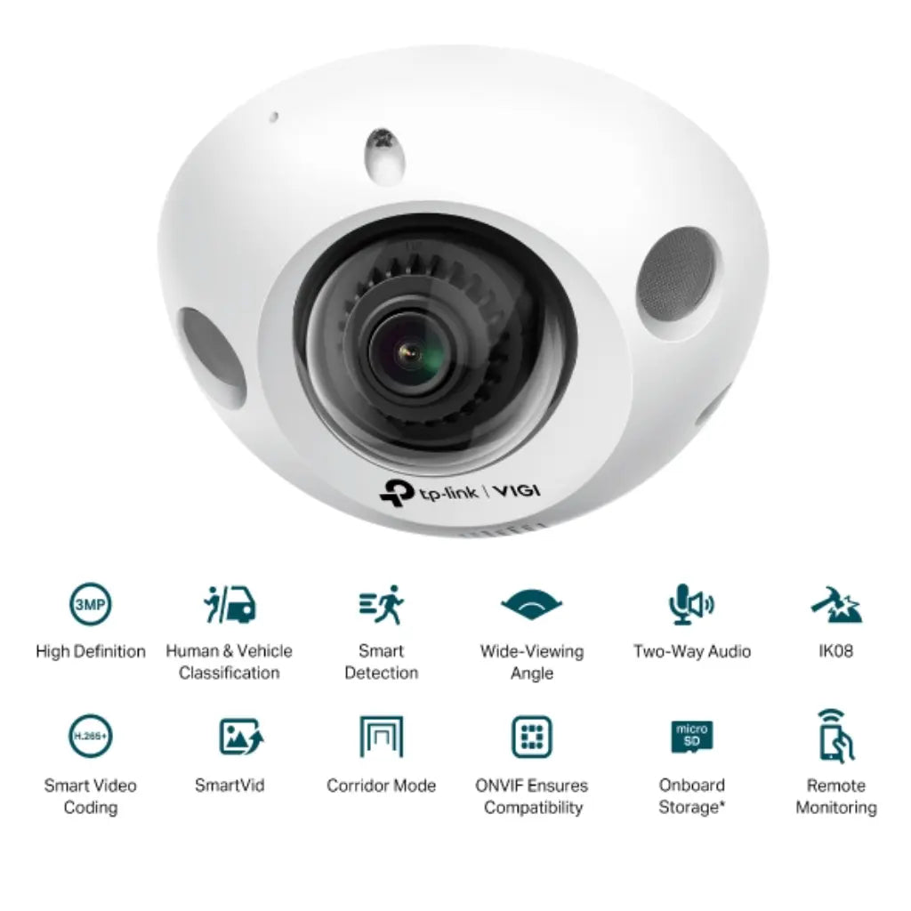 TP-Link VIGI C230I Mini 3MP 2.8MM IR Mini Dome Network Camera IK08 Vandal-Proof H.265+ Compression-tpstech.in