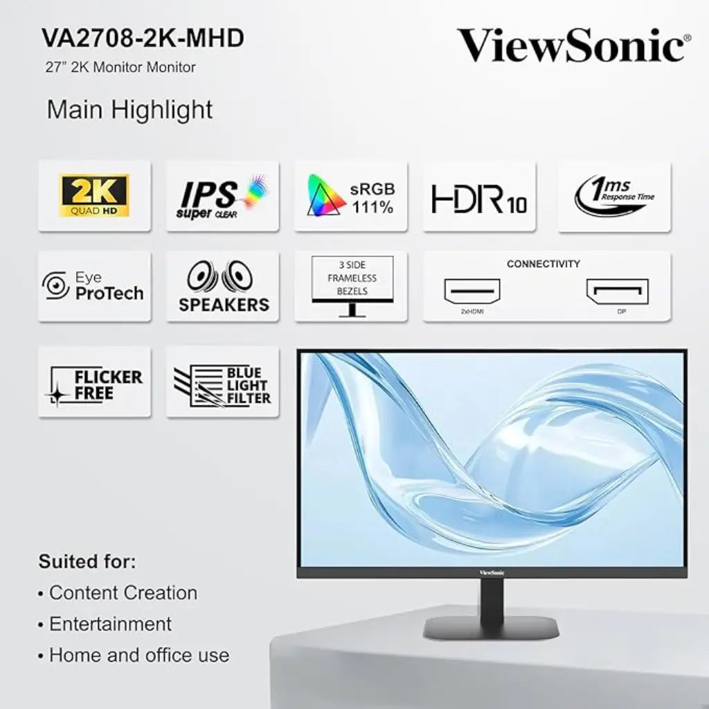 ViewSonic  27″ 100 Hz 1 ms 2K QHD Monitor with Built-in Speakers-tpstech.in