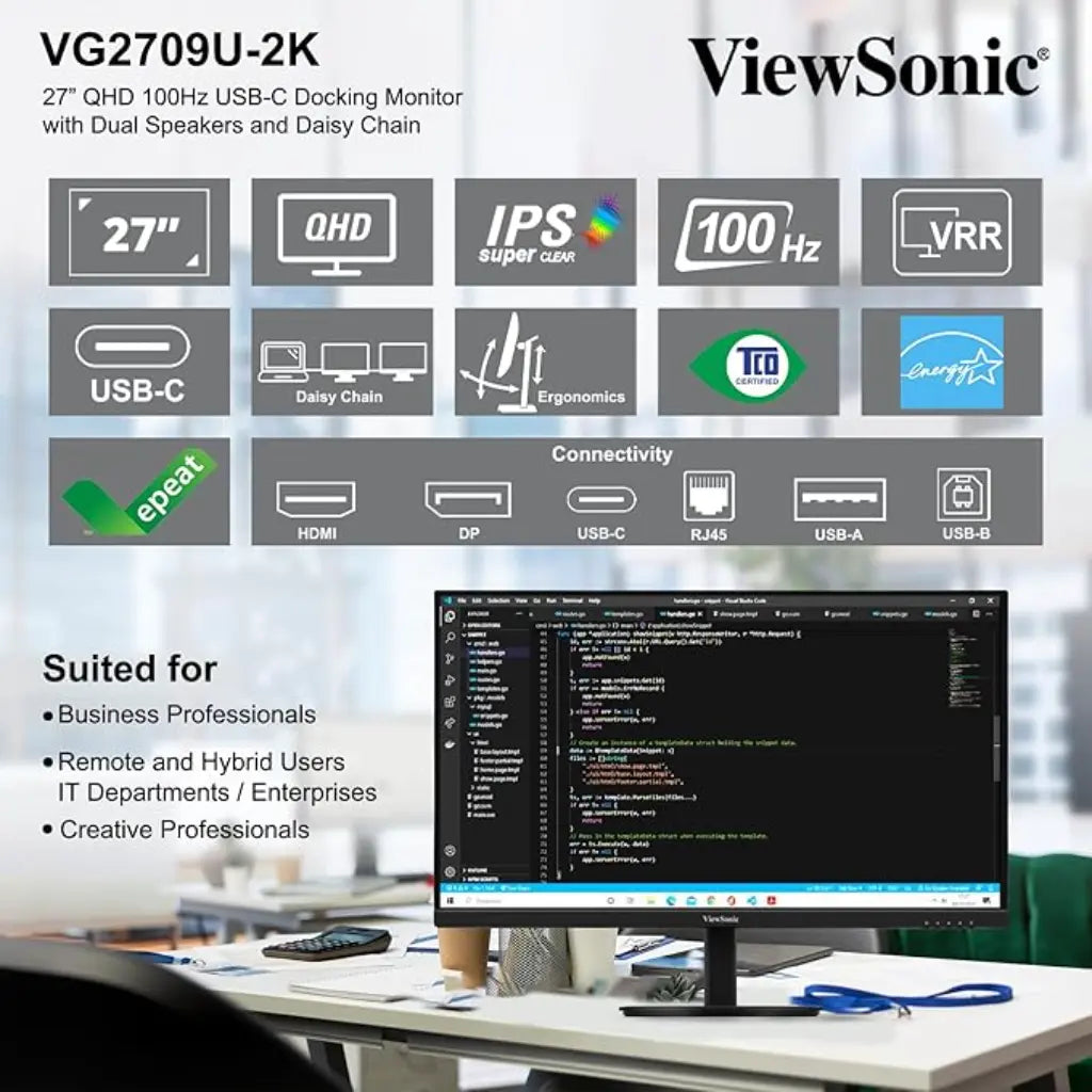 ViewSonic VG2709U‑2K 27″ QHD IPS 100Hz USB‑C Docking Monitor with Speakers-tpstech.in