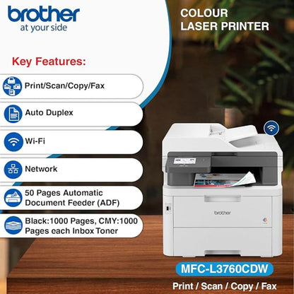 Brother MFC-L3760CDW Colour Laser Multifunction Printer Duplex with Wi-Fi ADF