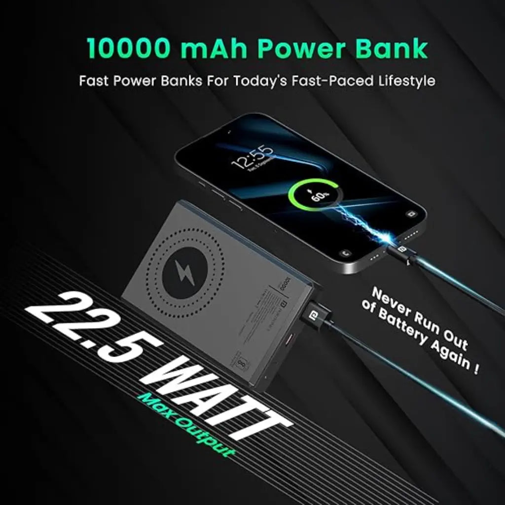 Portronics Luxcell MagClick 10K POR 2257 10000mAh 15W Magnetic Wireless 22.5W Fast Charging Power Bank-tpstech.in