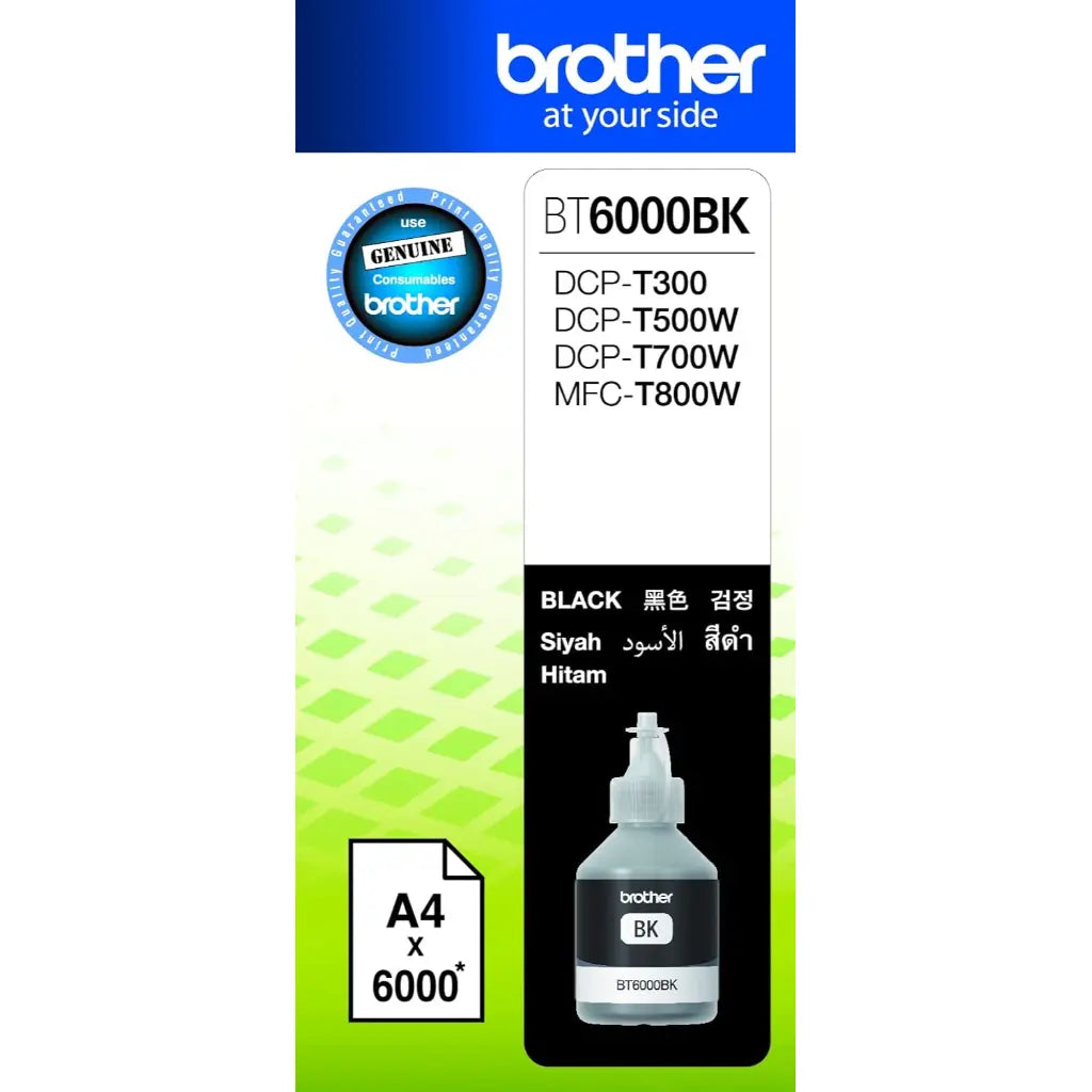 Brother BT6000BK Black Original High‑Yield Ink Bottle – 6000 Pages, 105ml Compatible for DCP‑T300/T500W/T700W & MFC‑T800W Printers-tpstech.in
