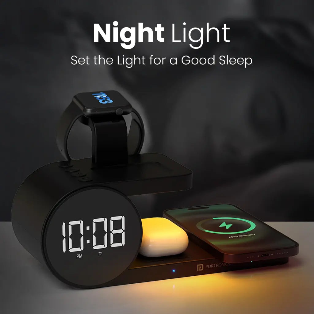 Portronics Freedom 6 POR 2130 15W 5‑in‑1 Wireless Charger with Alarm Clock-tpstech.in