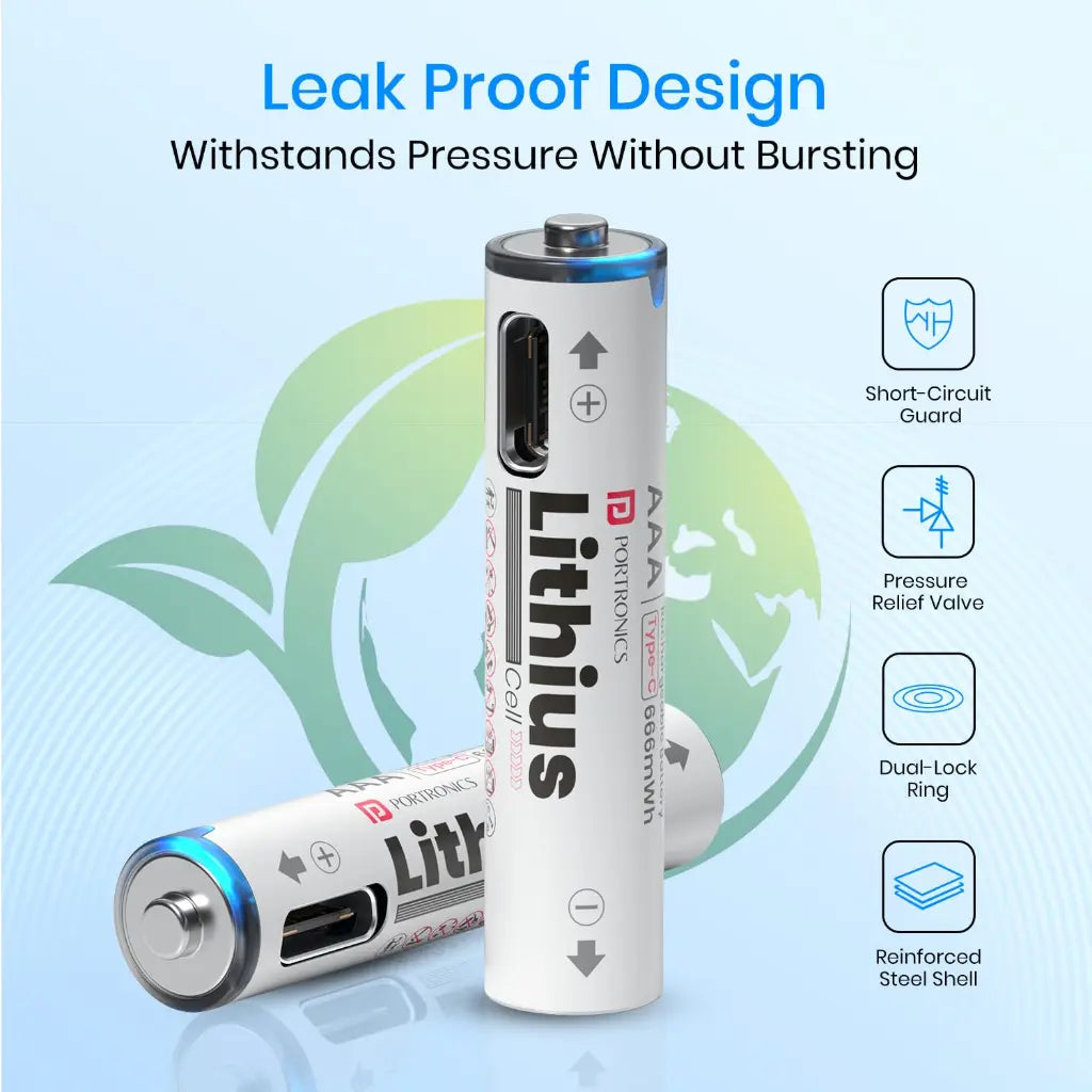Portronics Lithius Cell AAA USB C Rechargeable Lithium Ion Battery 440mAh with LED Indicator-tpstech.in