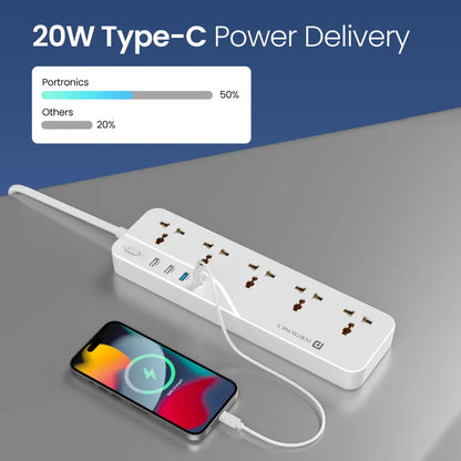 Portronics Power Plate 22 Extension Board with 20W Type-C PD Charging-tpstech.in