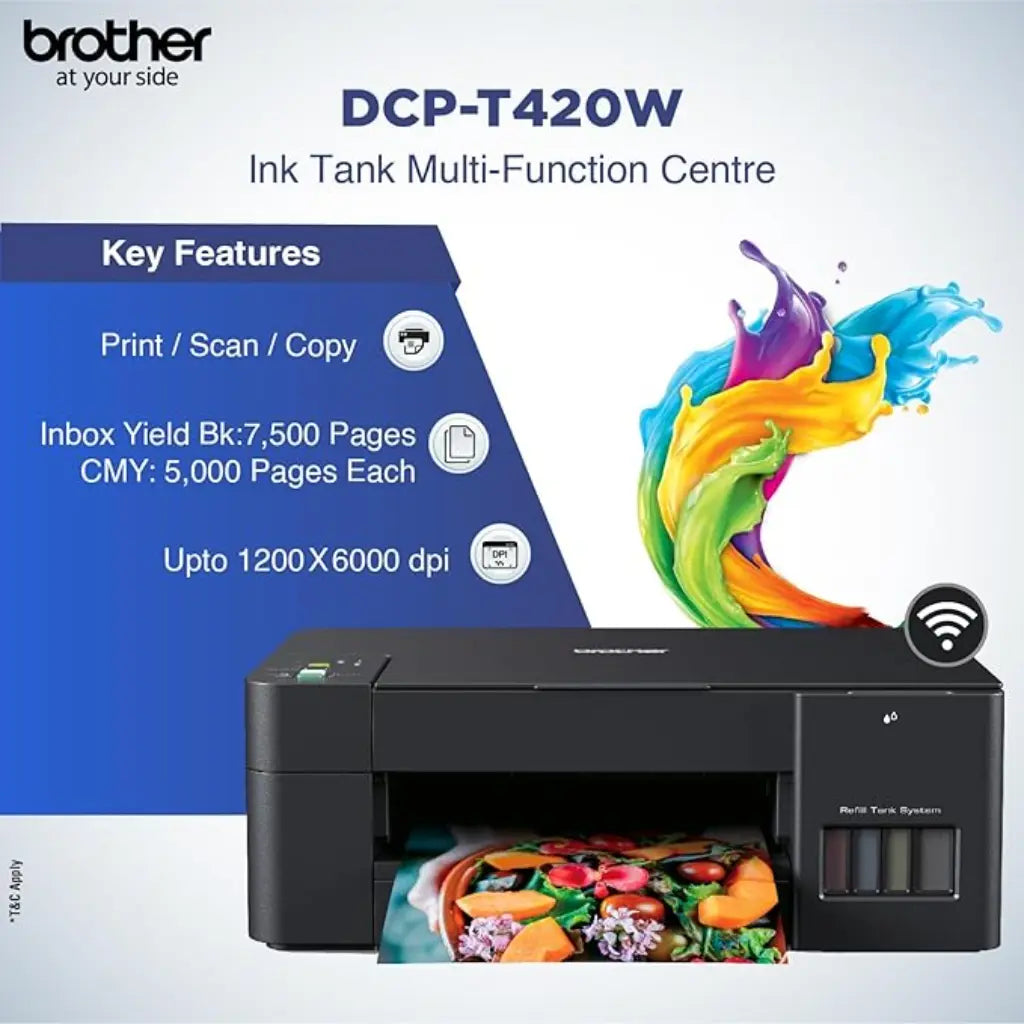 Brother DCP‑T420W Wireless 3‑in‑1 (Print,Copy,Scan) Ink Tank Printer-tpstech.in