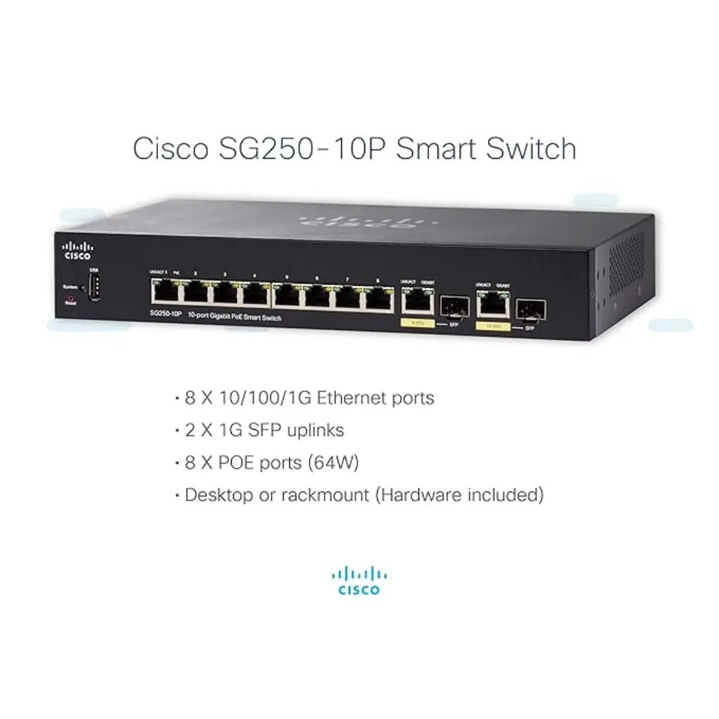 Cisco SG250-10P 10-Port Gigabit Smart Switch with PoE+ and 2 Combo SFP Ports-tpstech.in