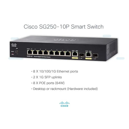 Cisco SG250-10P 10-Port Gigabit Smart Switch with PoE+ and 2 Combo SFP Ports-tpstech.in