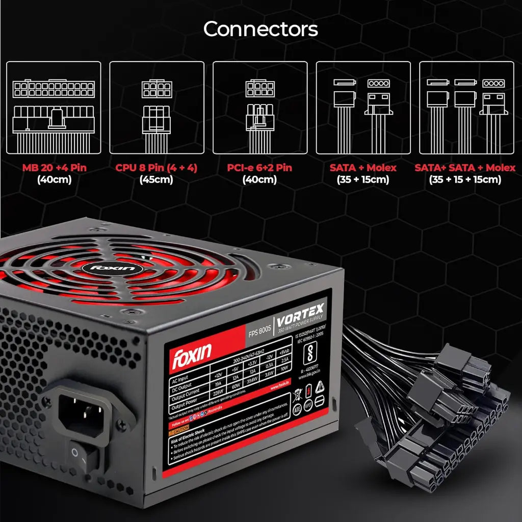 Foxin Vortex FPS‑800S 350W ATX SMPS Power Supply with 120mm Low‑Noise Fan-tpstech.in
