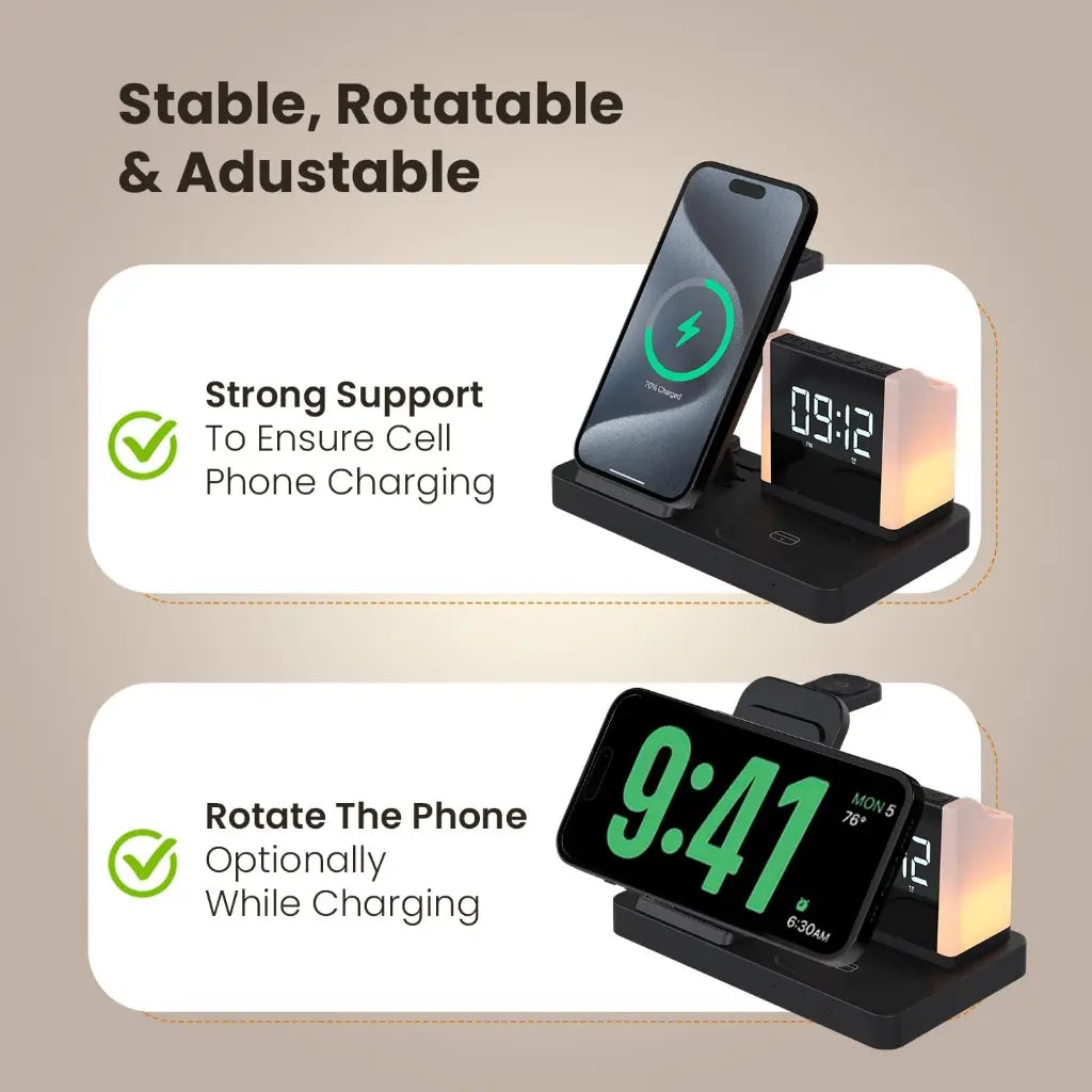 Portronics Hexacharge POR 2128 6‑in‑1 15W Fast Wireless Charging Station with Digital Alarm Clock-tpstech.in