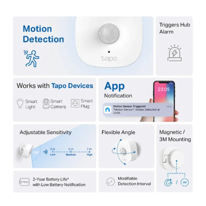 TP-Link Tapo T100 V1.2 Smart Motion Sensor with Adjustable Sensitivity 120° Wide Detection 7m Range-tpstech.in