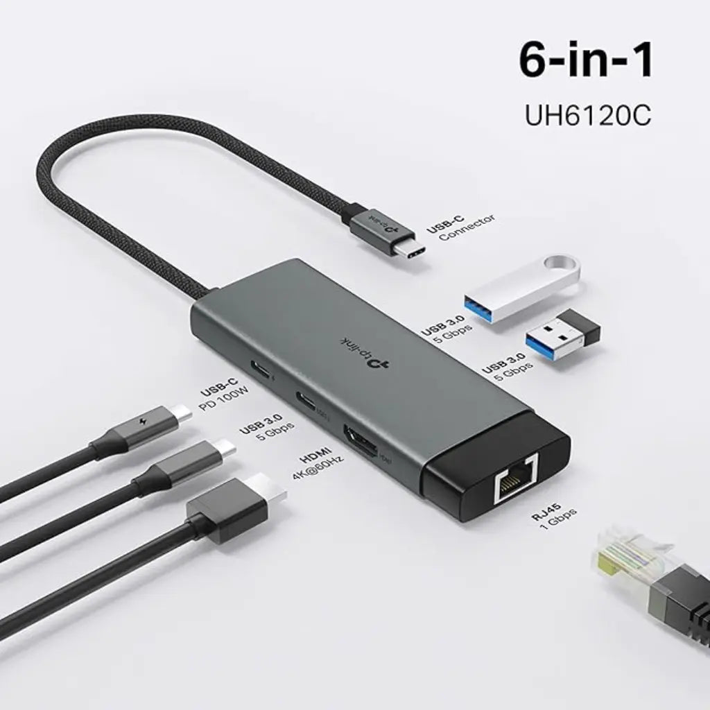 TP-Link UH6120C USB Type-C 6-in-1 Hub with 4K HDMI Gigabit Ethernet 100W PD USB-C & USB-A Ports-tpstech.in