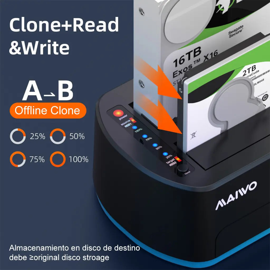 MAIWO K3062B Dual Bay USB 3.0 to SATA Docking Station with RGB 32TB Capacity