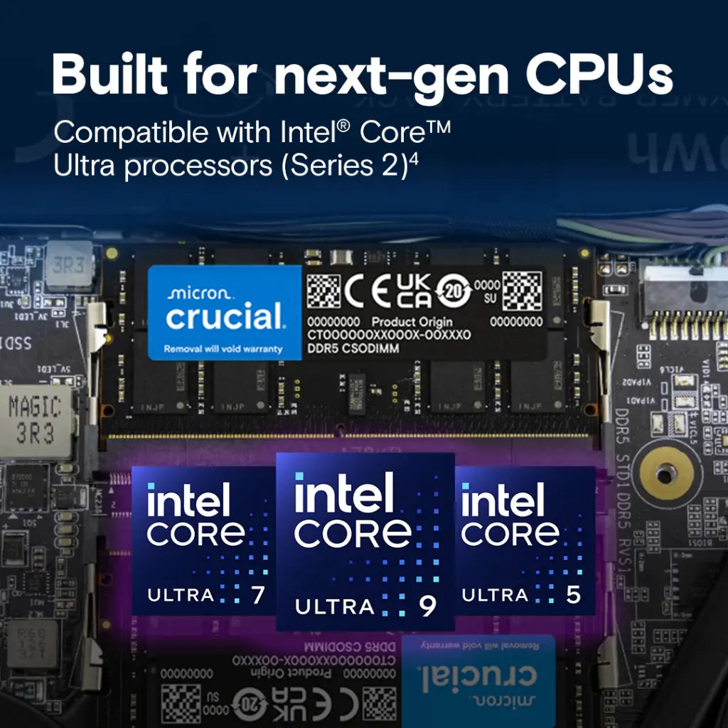 Crucial 32GB DDR5 RAM 6400MHz CL52 262-Pin CSODIMM Laptop Memory Crucial 32GB DDR5 RAM 6400MHz CL52 262-Pin CSODIMM Laptop Memory
