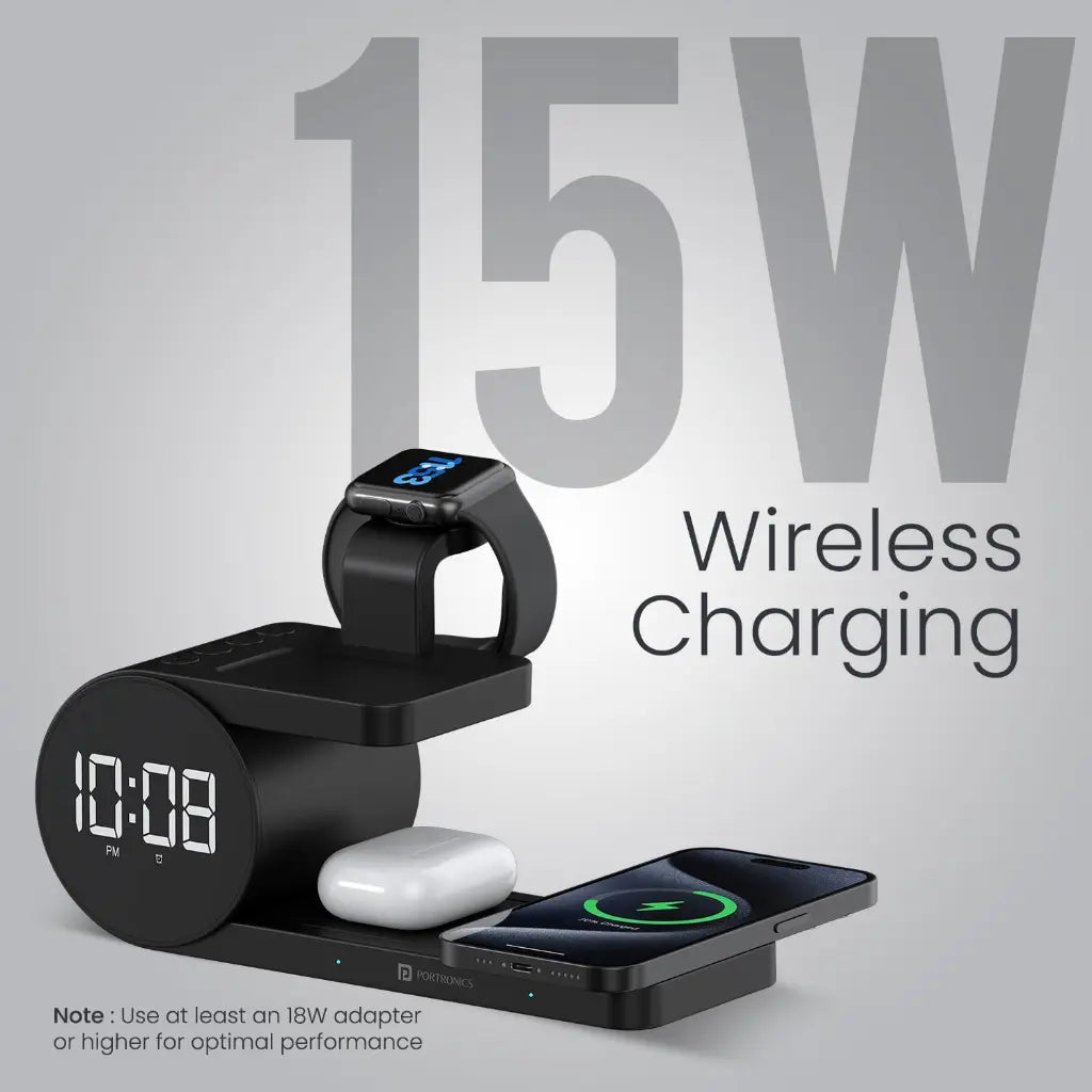 Portronics Freedom 6 POR 2130 15W 5‑in‑1 Wireless Charger with Alarm Clock-tpstech.in