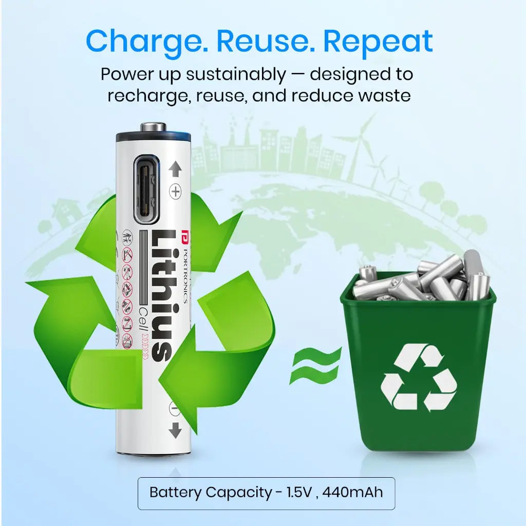 Portronics Lithius Cell AAA USB C Rechargeable Lithium Ion Battery 440mAh with LED Indicator-tpstech.in