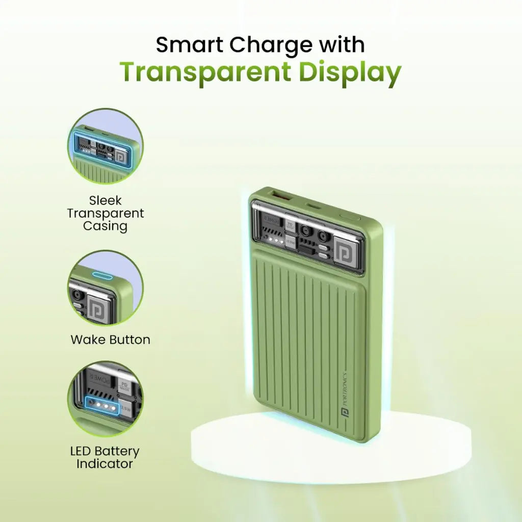 Portronics Luxcell Mini 10K 10000mAh Power Bank 22.5W Fast Charging - Green-tpstech.in