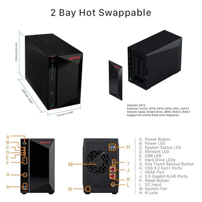 Asustor AS5202T 2‑Bay 2.5GbE NAS Intel Celeron J4005 2GB DDR4 HDMI 4K NAS-tpstech.in