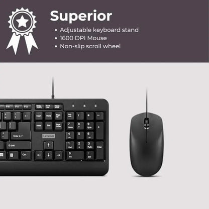 Lenovo 160 1600 DPI USB-A Wired Keyboard & Mouse Combo - Black-tpstech.in