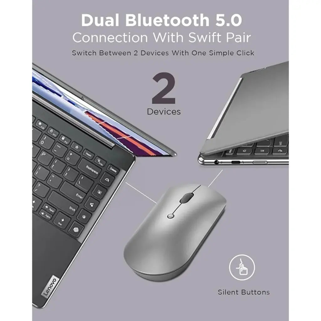 Lenovo 600 Bluetooth Silent Mouse Dual Device Connectivity Silent Clicks - Iron Grey-tpstech.in