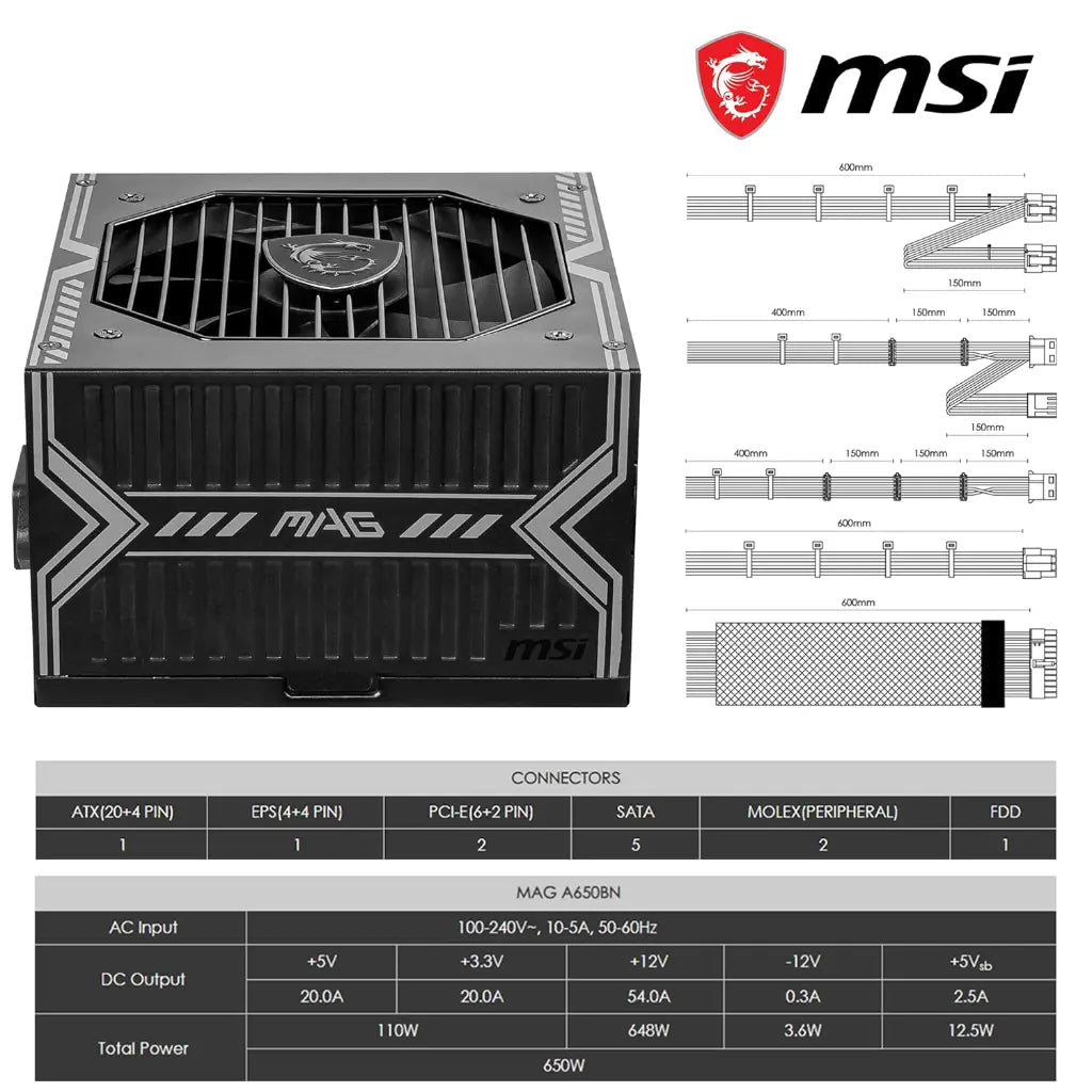 MSI MAG A650BN 650W 80 Plus Bronze ATX Power Supply-tpstech.in