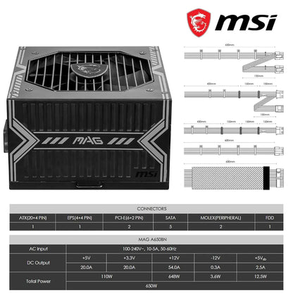 MSI MAG A650BN 650W 80 Plus Bronze ATX Power Supply-tpstech.in