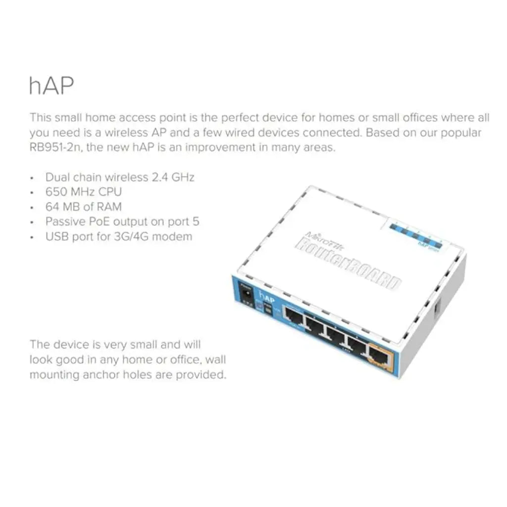 MikroTik RB951Ui-2nD hAP Wireless Access Point 2.4GHz Wi-Fi 4 USB Port-tpstech.in