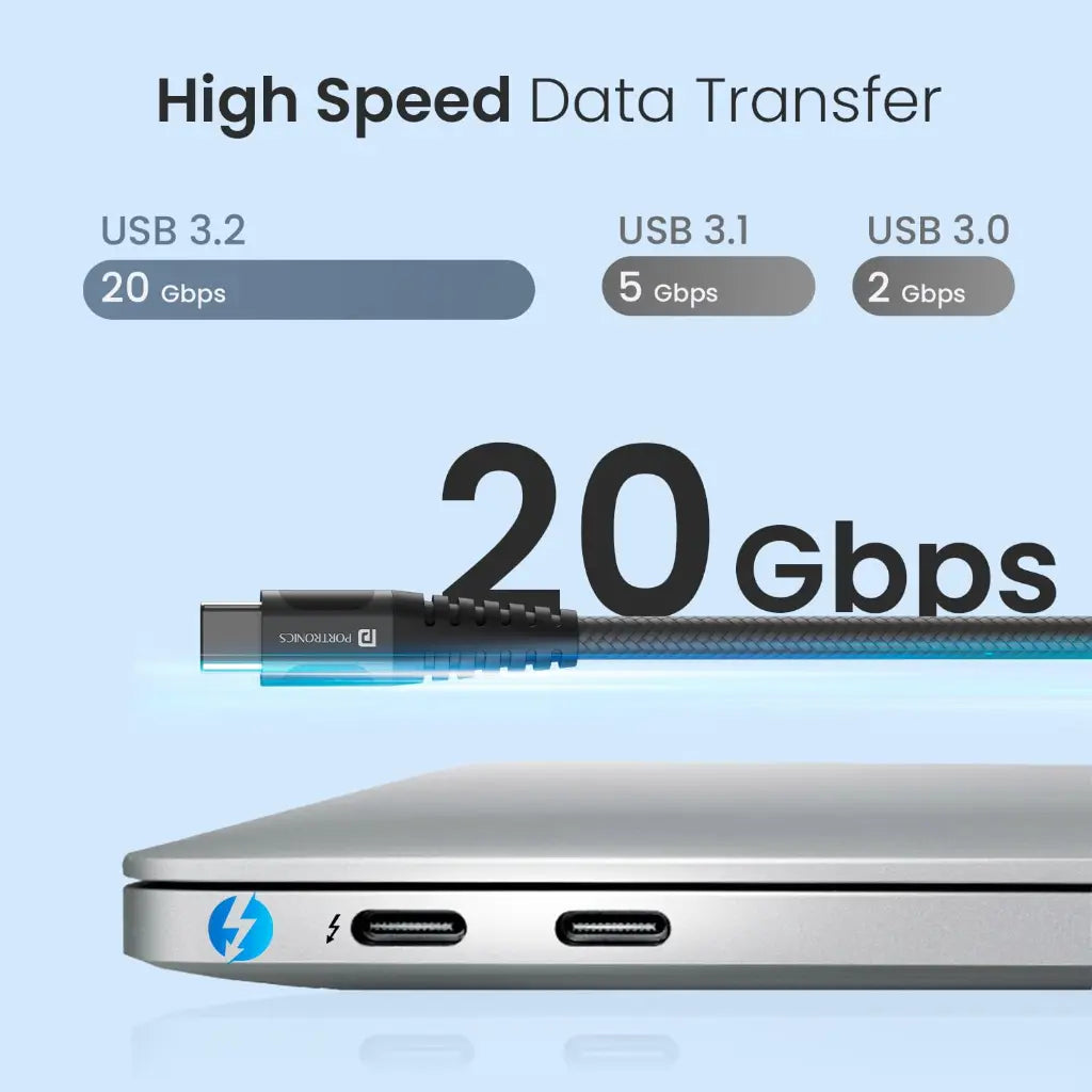 Portronics Flash C POR 2647 100W Type C to Type C Cable 20Gbps Data Transfer 1.5M-tpstech.in