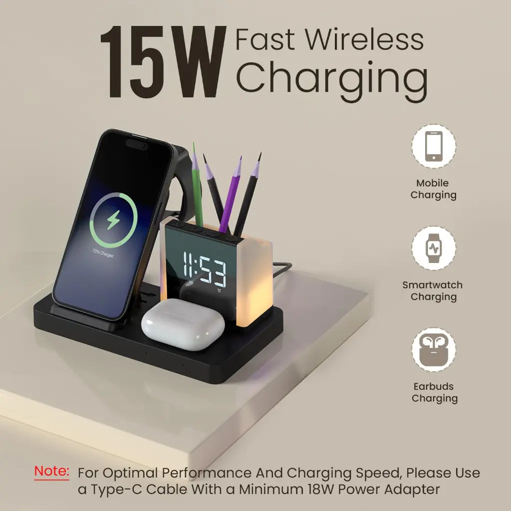 Portronics Hexacharge POR 2128 6‑in‑1 15W Fast Wireless Charging Station with Digital Alarm Clock-tpstech.in