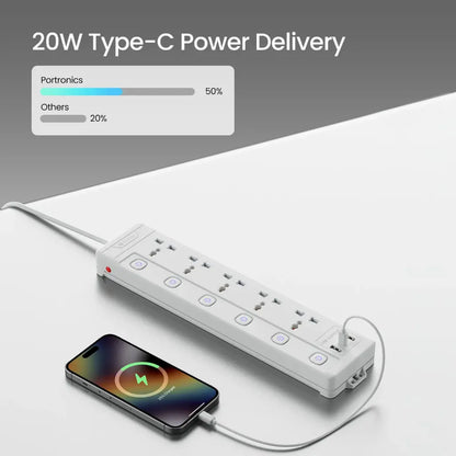 Portronics Power Plate 20 POR 2571 20W Type C PD Extension Board with 5 Sockets-tpstech.in