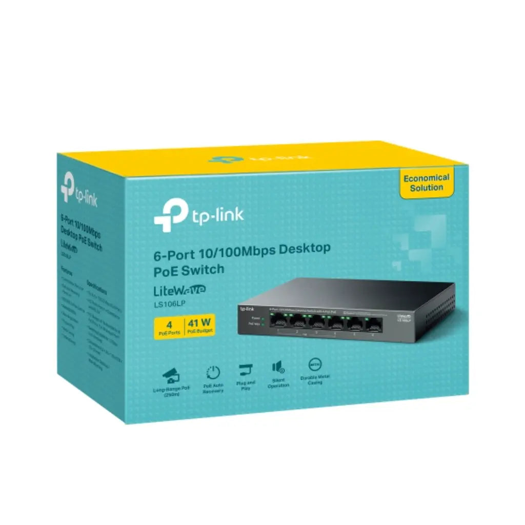 TP-Link LS106LP 6-Port 10/100Mbps Desktop Switch 4 PoE+ Ports 41W PoE Budget-tpstech.in