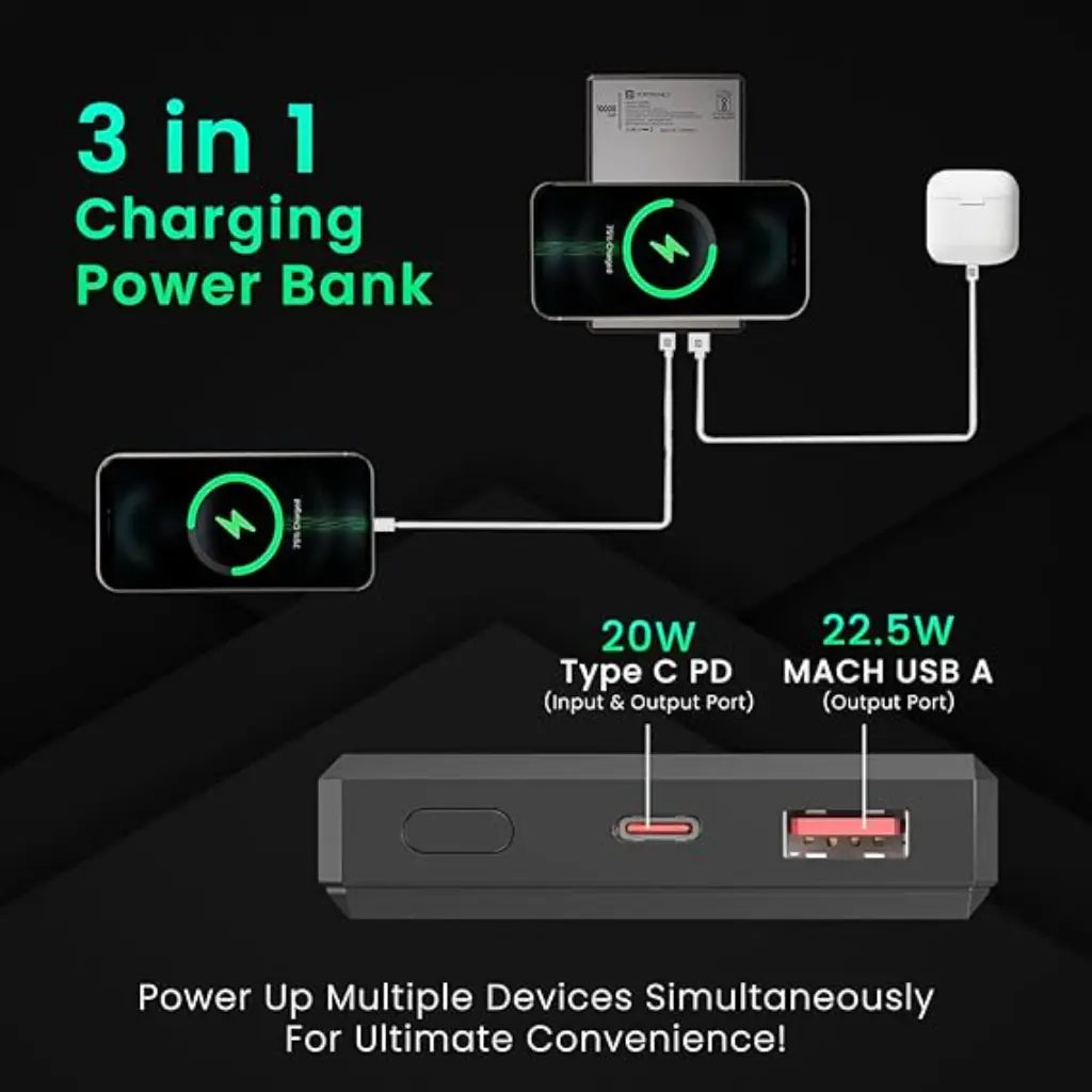 Portronics Luxcell MagClick 10K POR 2257 10000mAh 15W Magnetic Wireless 22.5W Fast Charging Power Bank-tpstech.in