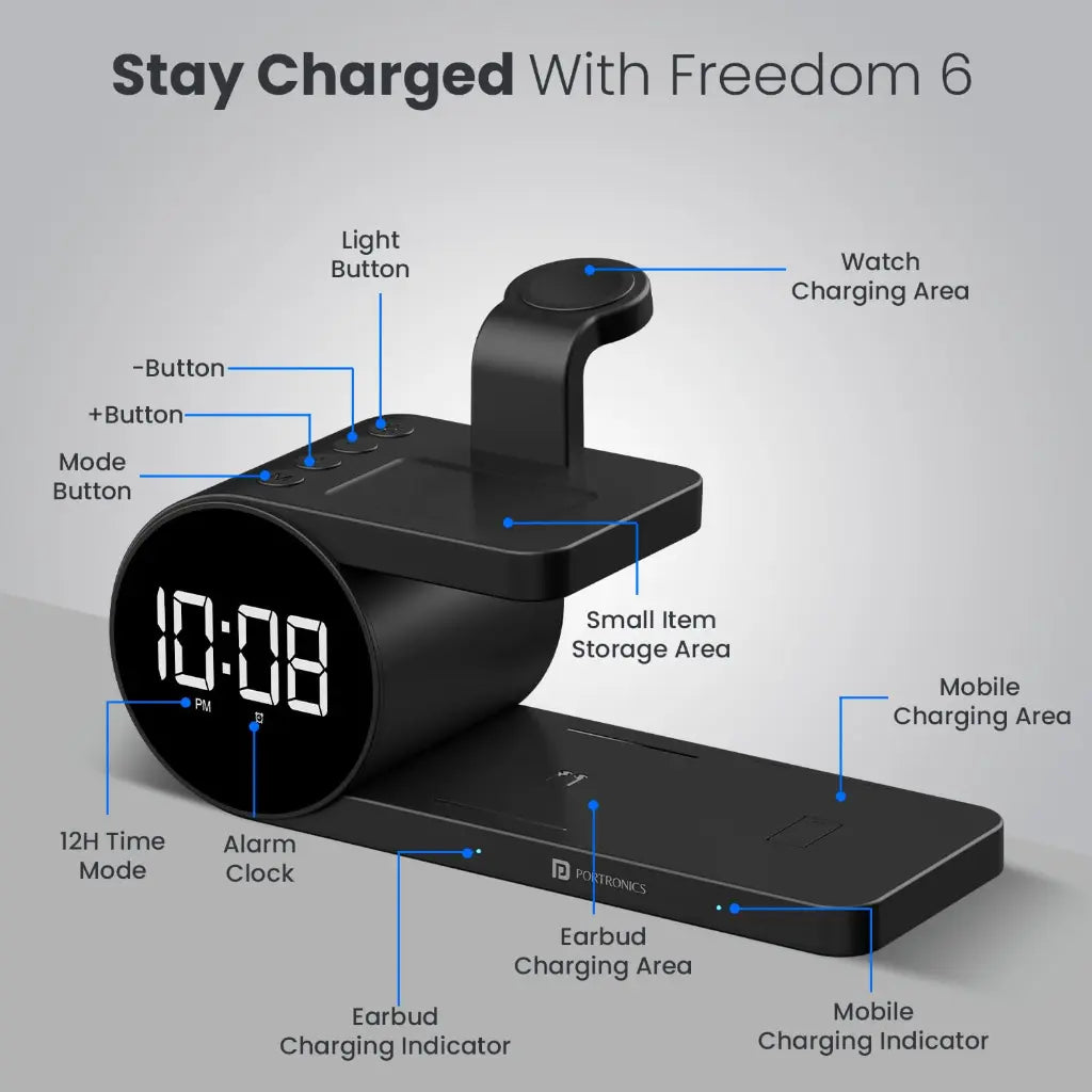 Portronics Freedom 6 POR 2130 15W 5‑in‑1 Wireless Charger with Alarm Clock-tpstech.in