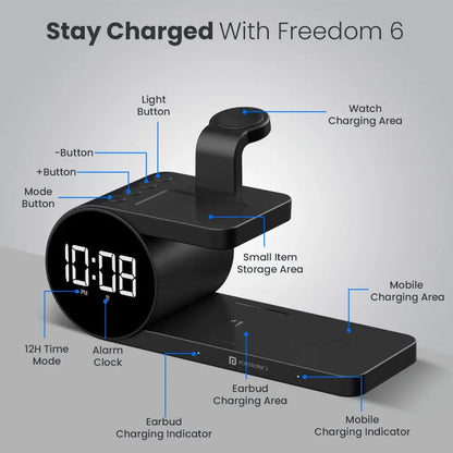 Portronics Freedom 6 POR 2130 15W 5‑in‑1 Wireless Charger with Alarm Clock-tpstech.in