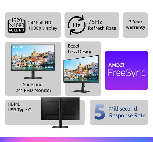 Samsung 24 inch Flat Monitor With USB type-C and Ergonomic Design (S24A400UJW)