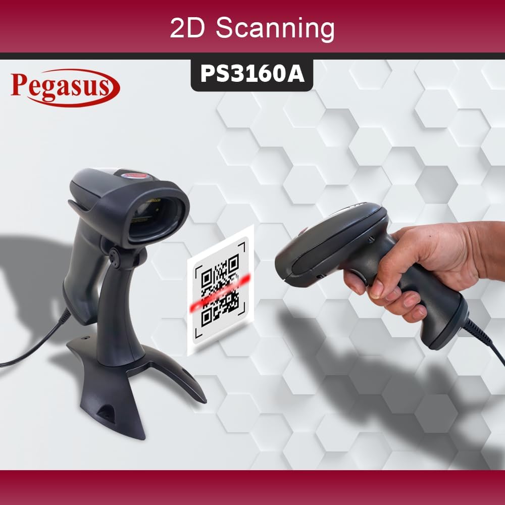 Pegasus PS3160 2D/QR USB Wired Fast Barcode Reader with Stand - Black