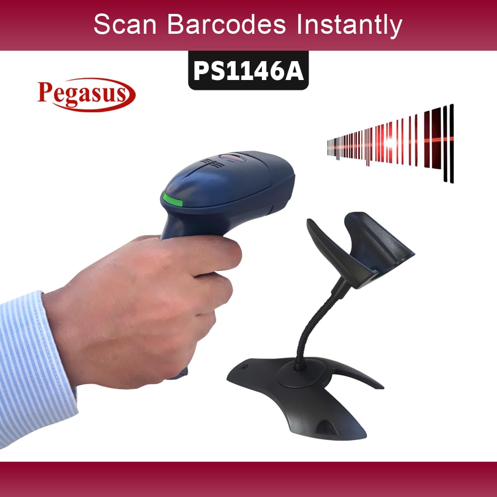 Pegasus PS1146 1D USB Wired Handheld Barcode Scanner with Stand - Black