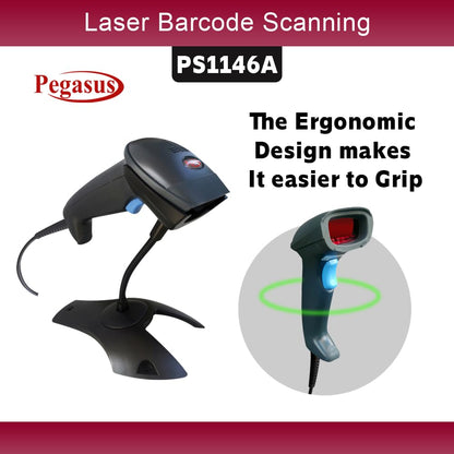 Pegasus PS1146 1D USB Wired Handheld Barcode Scanner with Stand - Black