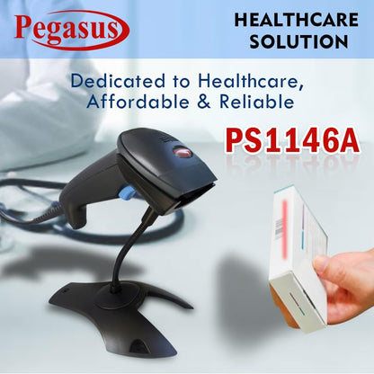 Pegasus PS1146 1D USB Wired Handheld Barcode Scanner with Stand - Black