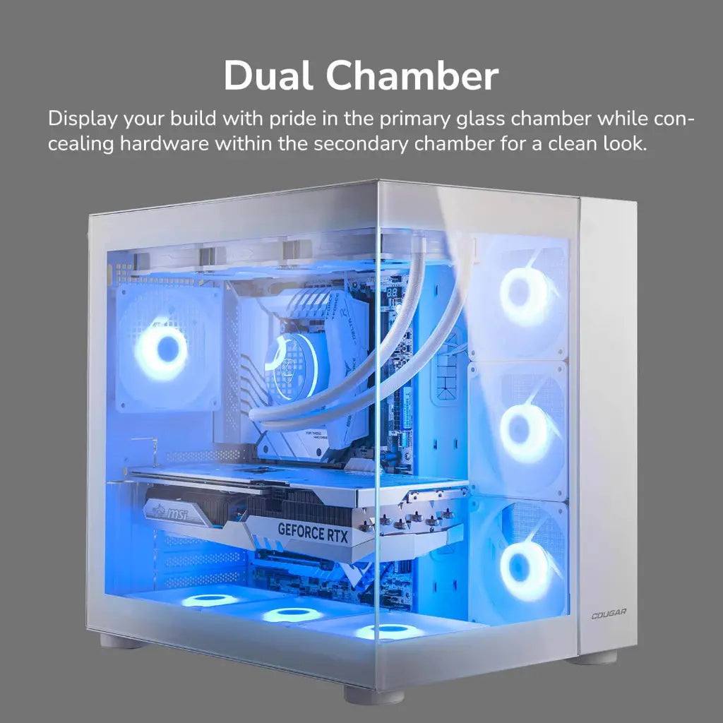 Cougar FV150 RGB Tempered Glass Mid Tower Dual-Chamber ATX Computer Case with 4 Pre-Installed ARGB Fans- White-tpstech.in