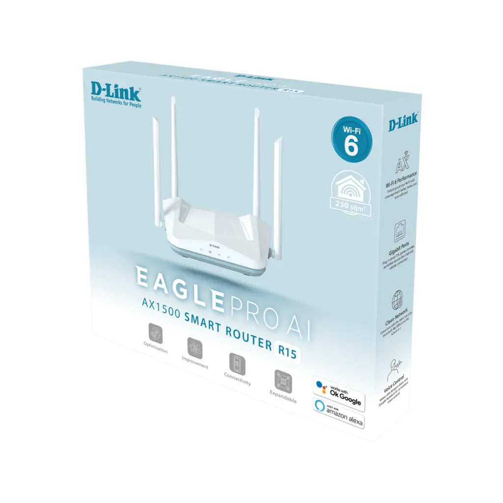 D‑Link R15 EAGLE PRO AI AX1500 Dual‑Band Wi‑Fi 6 Smart Router AI Mesh WPA3 Gigabit LAN/WAN-tpstech.in