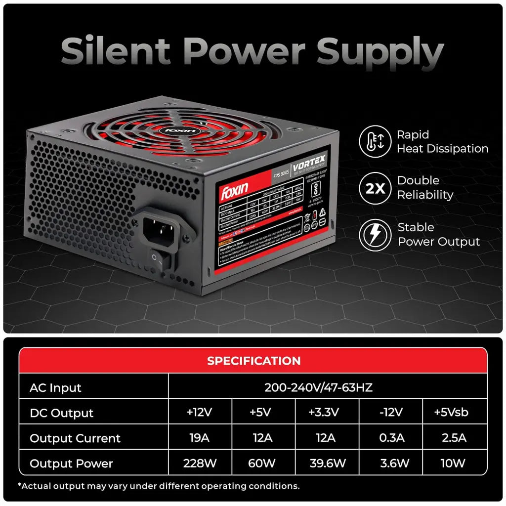 Foxin Vortex FPS‑800S 350W ATX SMPS Power Supply with 120mm Low‑Noise Fan-tpstech.in