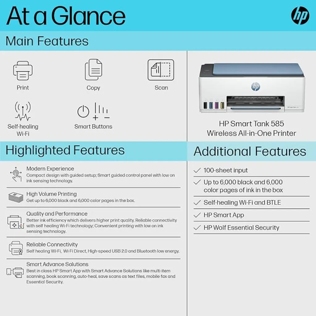HP Smart Tank 585 Wirelss All-in-One (Print,Copy,Scan) InkTank Printer Borderless Printing-tpstech.in