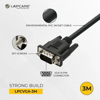 Lapcare LOIOVG6336 Premium VGA Cable 3M Triple Shielded EMI/RFI Protection-tpstech.in