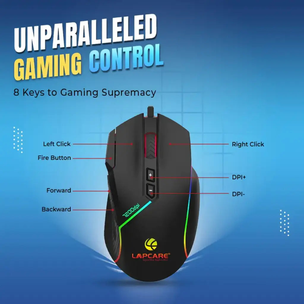 Lapcare Champ LGM-108 Wired RGB Gaming Mouse with 7200 DPI & Anti Slip Grip-tpstech.in