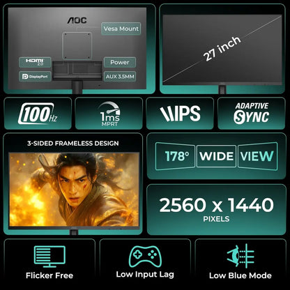 AOC Q27B3S2 27" 100Hz 1ms QHD IPS Monitor with Adaptive Sync HDR10-tpstech.in