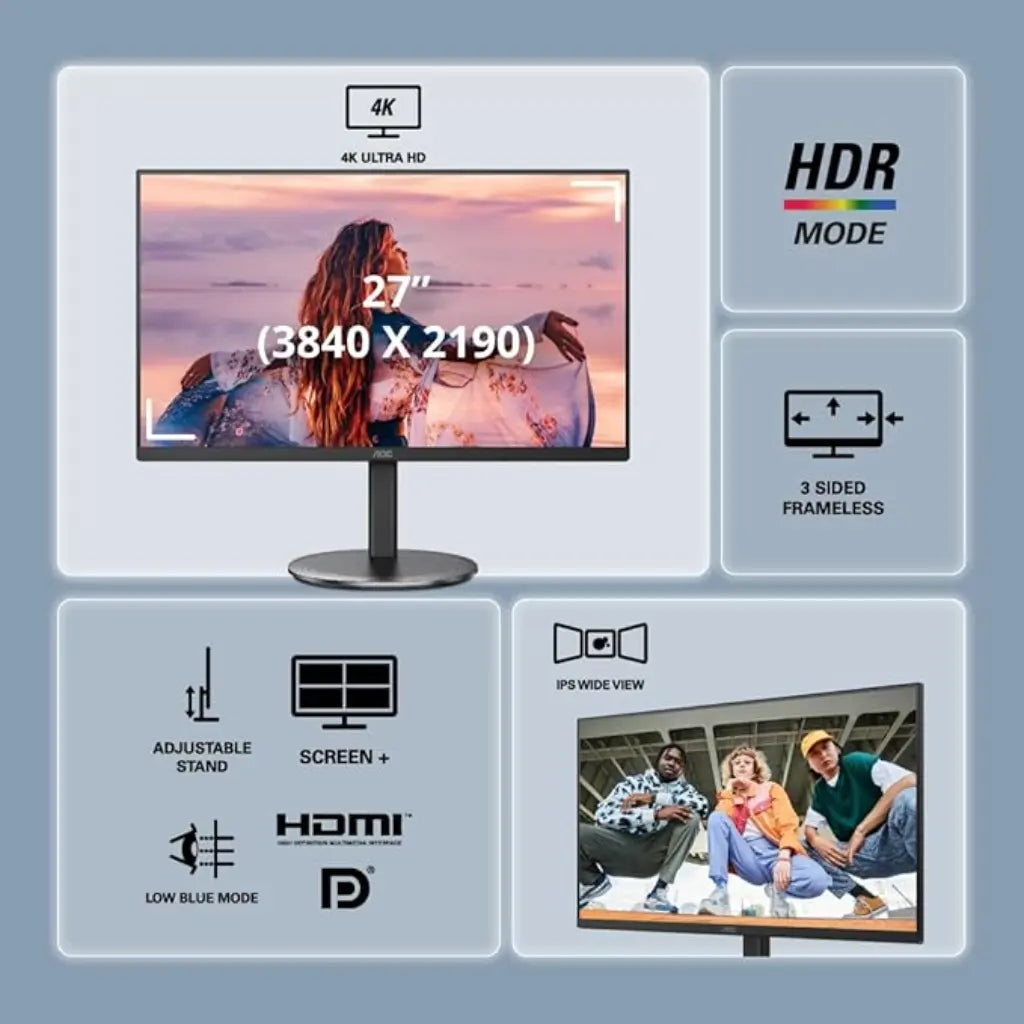 AOC U27V4 27" 4K UHD IPS Monitor with Frameless Design Adaptive Sync-tpstech.in