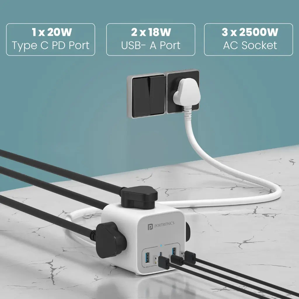 Portronics 20W Volt 20 High Speed Smart Desktop Charger with 3M Copper Cable-tpstech.in