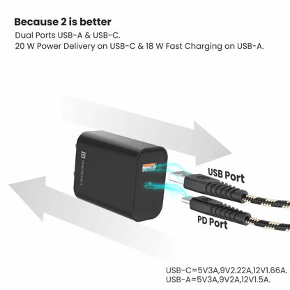 Portronics Adapto 45 POR 1445 20W Dual Port Fast Charger with USB C and USB A Output-tpstech.in
