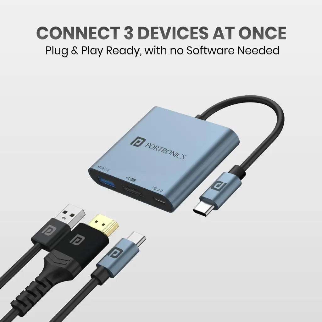 Portronics C Konnect Plus POR 2187 3 in 1 Type C Hub with 4K HDMI USB 3.0-tpstech.in
